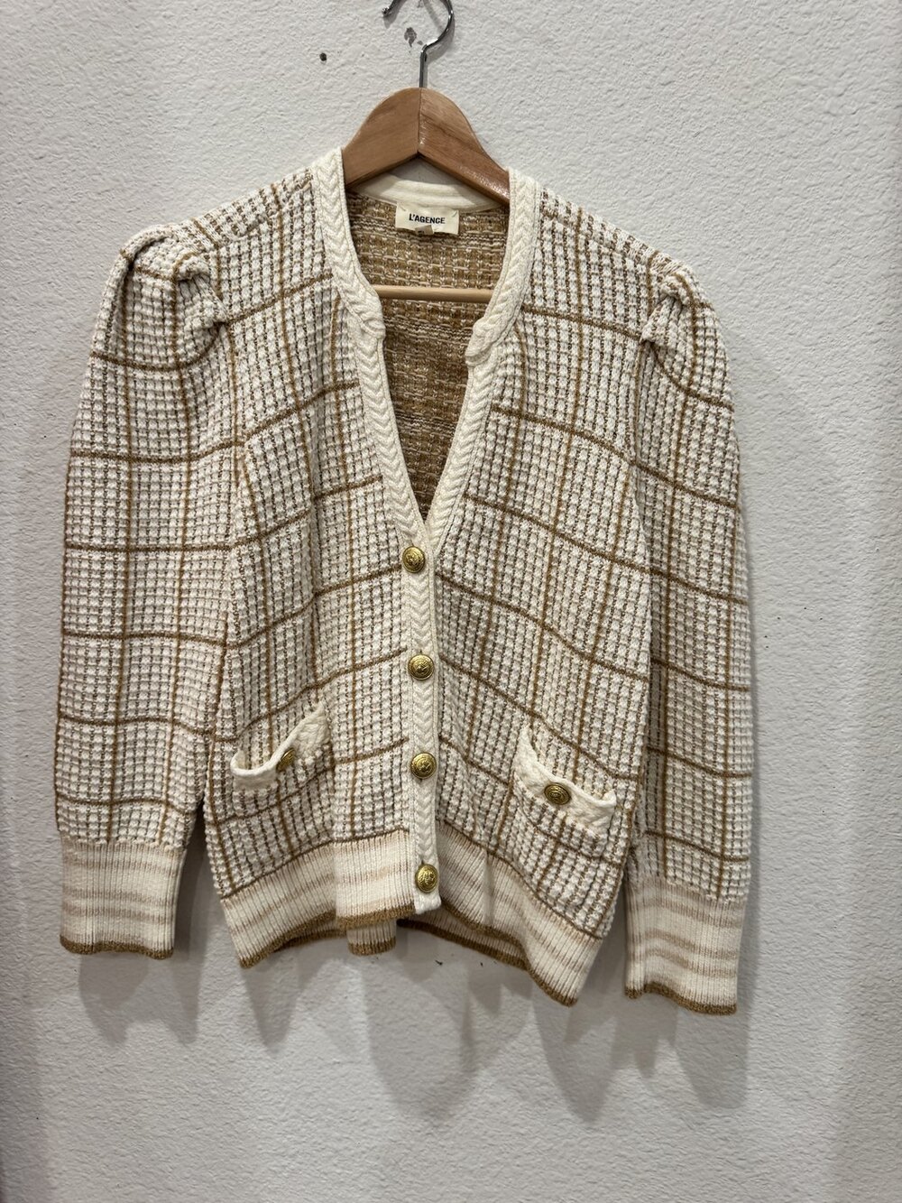 L'AGENCE Knit Blazer XL Cream Gold Metallic Tweed Boucle Gold Dome Buttons
